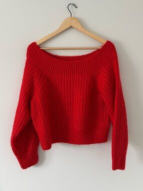H&M Bright Red Off-the-Shoulder Ribbed Knit Sweater